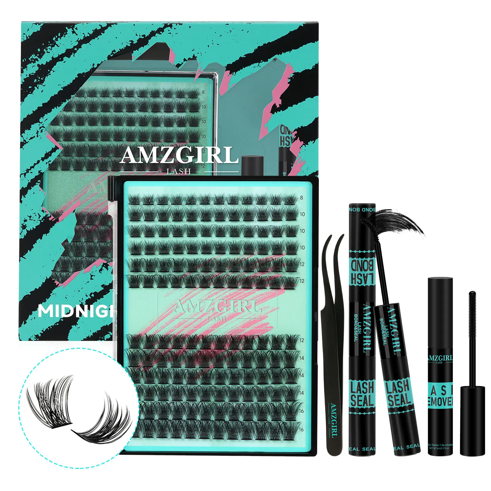 AMZGIRL LASH DIY Lash Extensions Kit 144pcs Midnight Waterproof Eyelashes Makeup Cosmetic Set with Bond Seal Remover Applicator for Summer Outfits & Vacation Looks
