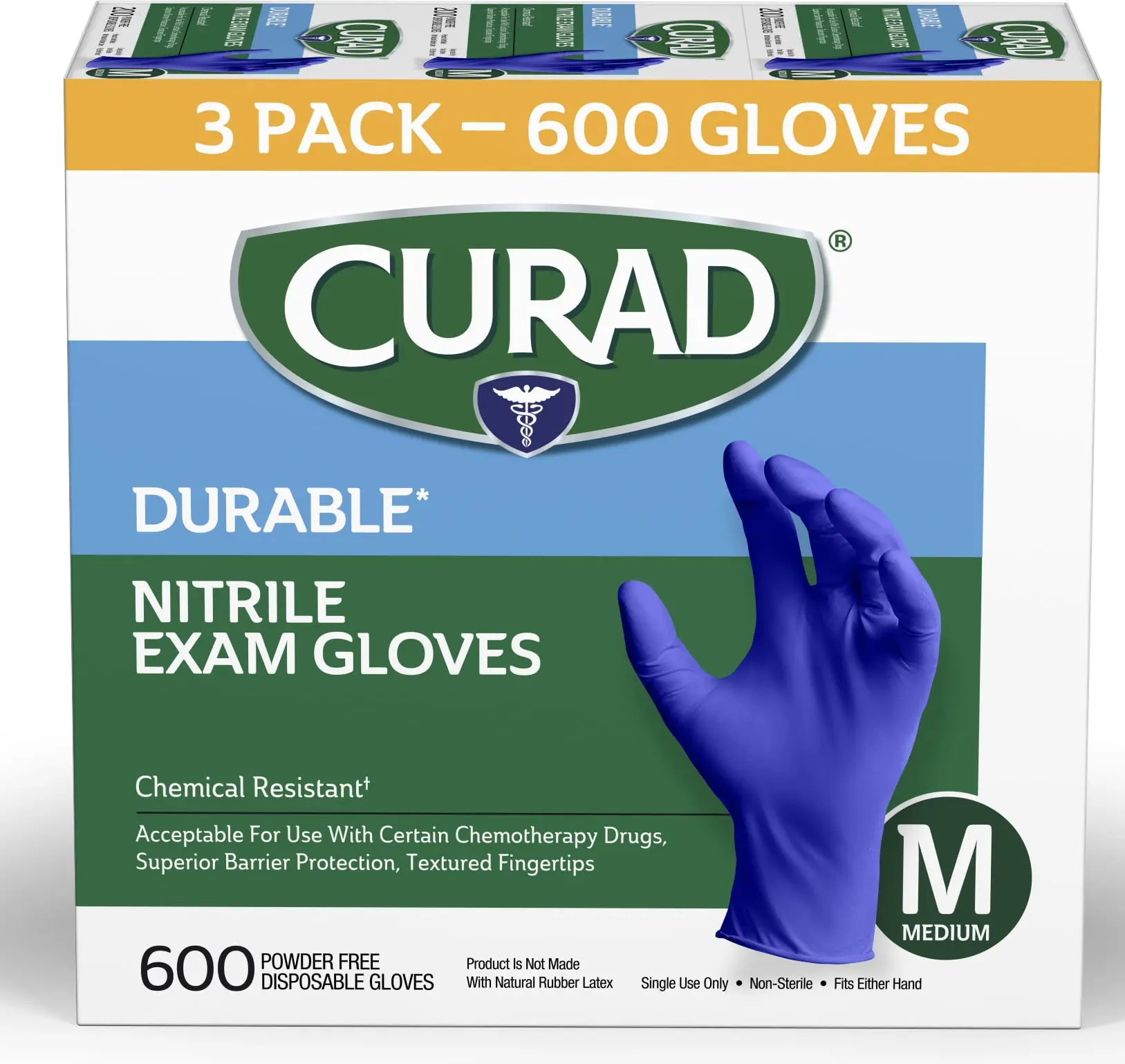 CURAD Nitrile Exam & Cleaning Gloves, Medium Size, Powder-Free, Comfortable, Durable, Chemical-Resistant, 600-Count Pack, Color May Vary