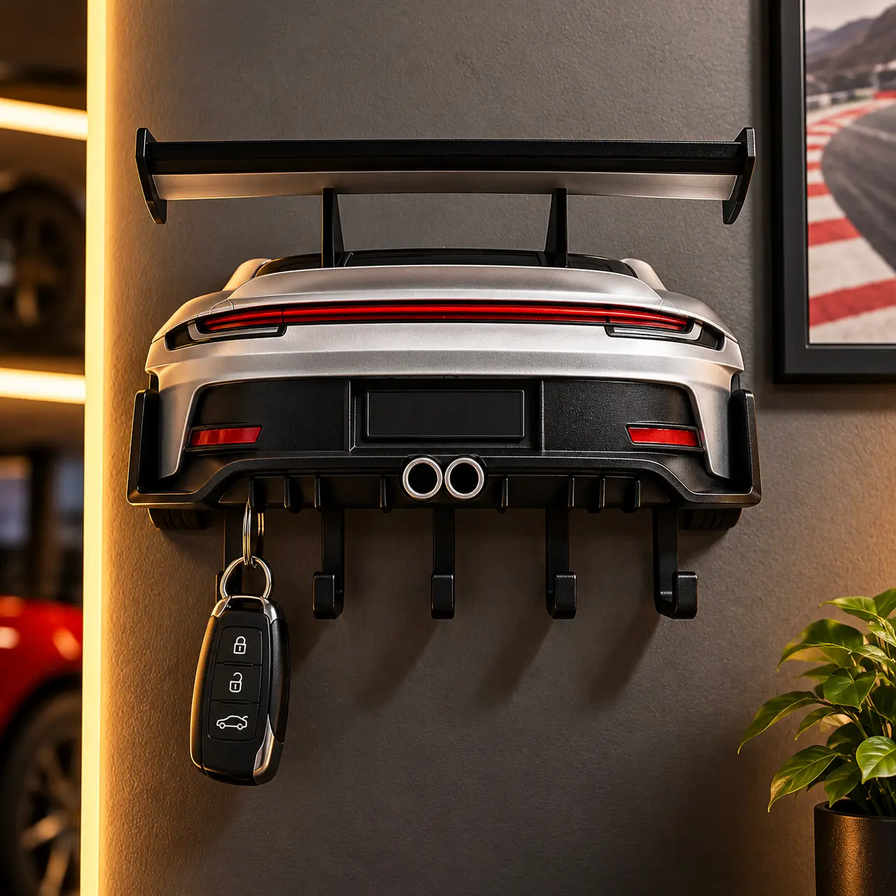 Car Key Holder Wall Mount – 3D Printed Car Design with 4 Hooks for Keys & Accessories