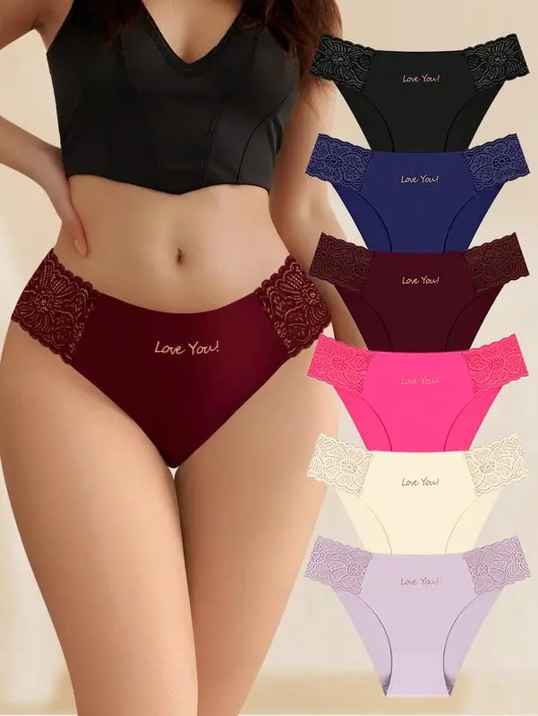 Women's 6-Pack Floral Lace Thong Underwear Set - Cute, Elegant, Sexy Sheer Colorful Print Panties, Comfy Lingerie, Underwear for Women for Vacation, Colorful Print Thongs, Casual, Hawaiian, Waterproof, Printed, Bikini