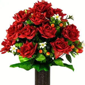 Premium Artificial Cemetery Flower Bouquet Set, 12 Fake Roses, Durable Silk Funeral Flowers, Outdoor Tomb Decoration