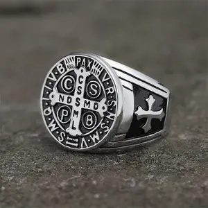 GTHIC Medal of St. Benedict Stainless Steel Cross Ring Fashion Accessories for Men Daily Wear
