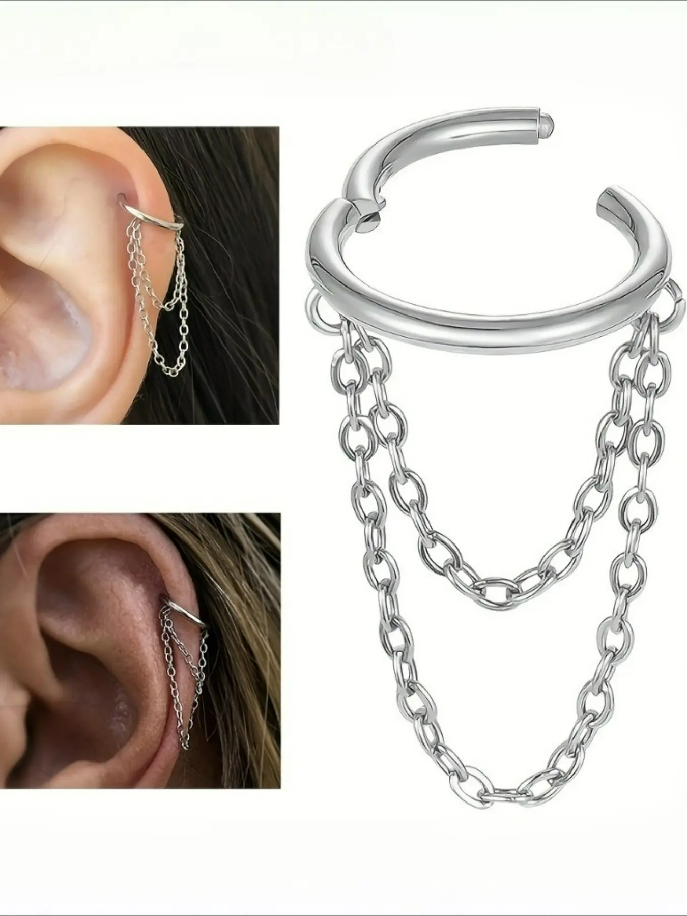 Elegant 8mm Stainless Steel Cartilage Hoop Earrings Jewelry with Double Chain - Hypoallergenic, Perfect for Casual Attire & Valentine's Gift, Novelty Earrings, Fashion Earrings
