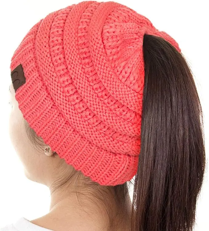 JINS CLOSET Women's Beanie Tail Ponytail Beanie Messy Bun Adjustable Ponytail on Top Opening Hat Cap 100% Acrylic Fashionable One Size Fits Most