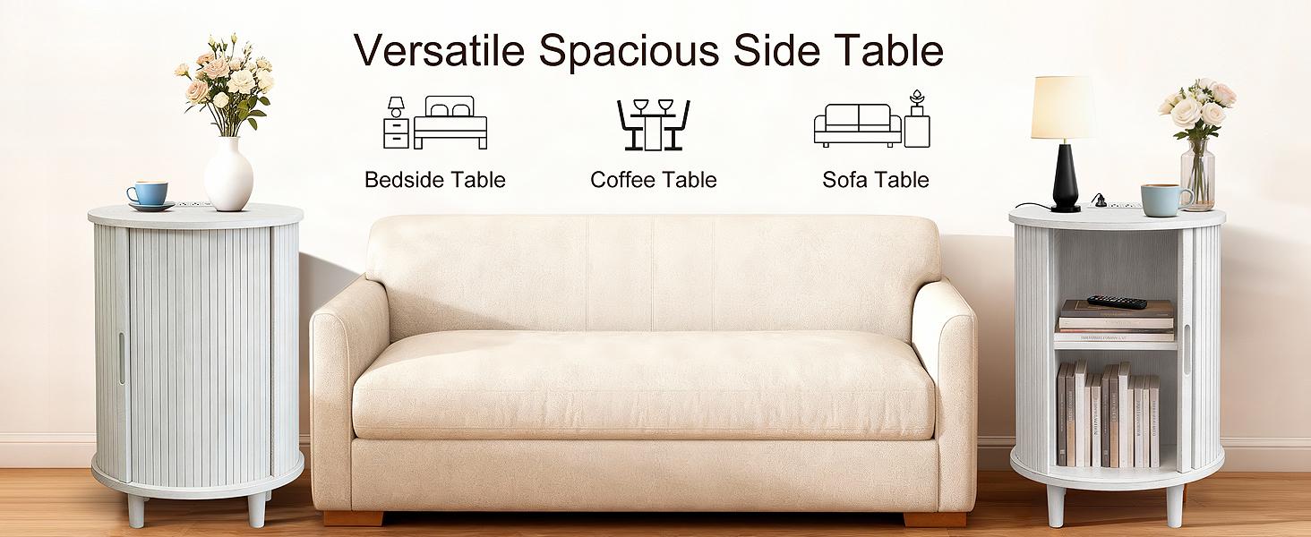 DHH Modern Fluted Round Nightstand with Charging Station & Power Outlets, Circular End Table with Tambour Door & Storage, 2-Tier Bedside Table for Bedroom, Living Room