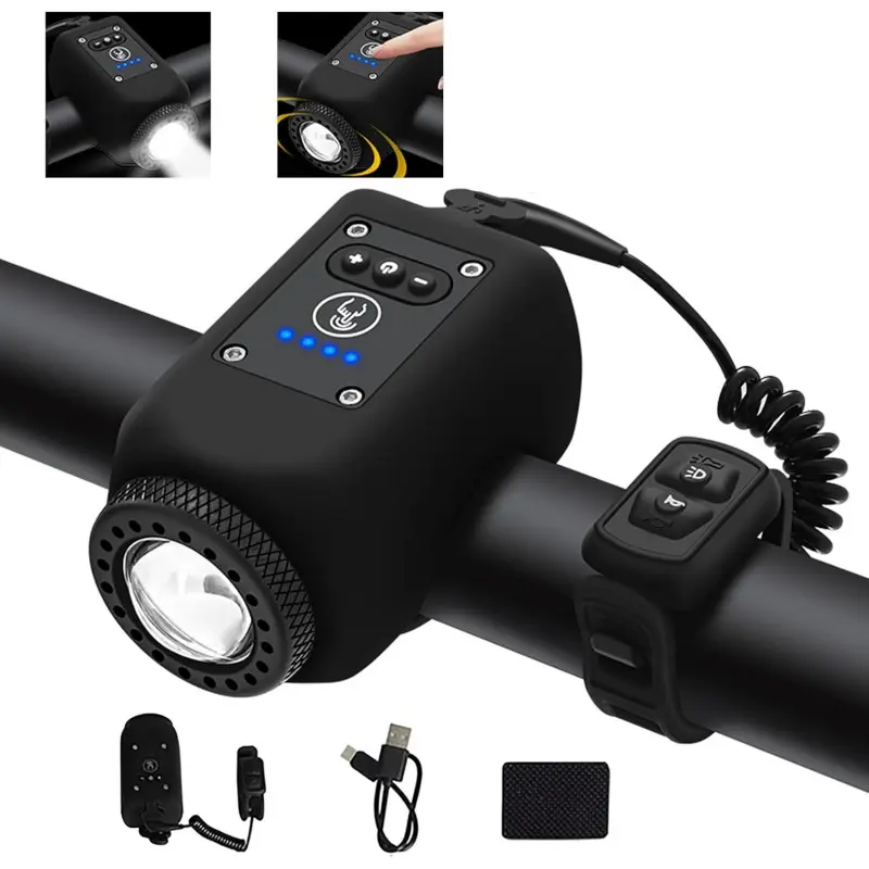 Electronic bicycle horn with headlight, mini 6-sound electric bike bell, Type-C rechargeable 2-in-1 bike bell with light, adjustable volume / 4 lighting modes / waterproof design