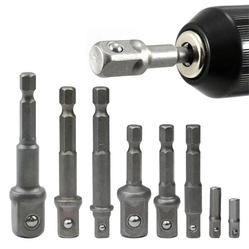 Chrome Vanadium Steel Socket Adapter Extension Drill Bit, 8 Counts/set Hex Shank To 1/4" 3/8" 1/2" Hex Bit Set, Impact Bit Set, Hex Drill Adapters, Power Tools Accessories