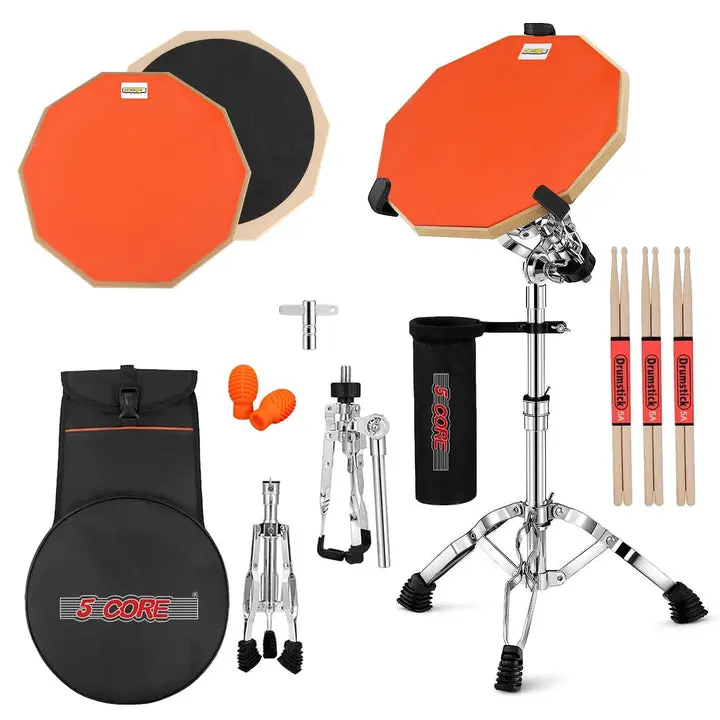 5Core Drum Practice Pad Set - 12in Double-Sided Silent Pad, Snare Drumming Stand, 8 to 15.6in Drum Compatibility, 9.11lbs Percussion Accessory for Drummers, Double-Sided Pad