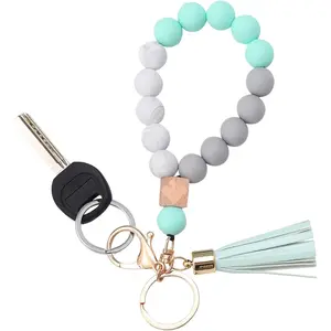Silicone Key Ring Bracelet Wristlet Keychain Unique Beaded Bangle Key Chains for Women with Leather Tassel