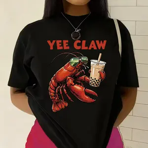 Yee Claw' Bubble Tea Lobster Funny Print T-shirt Foodie Humor Style Casual Top