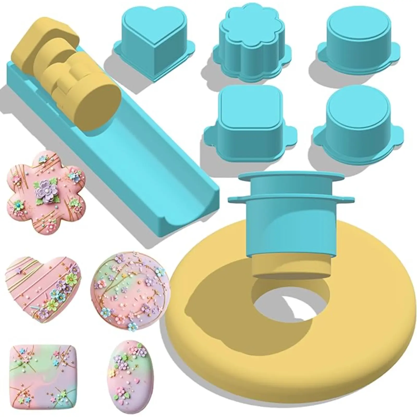 5 PCS Plastic Cake Pop Mold Set - 7.8-in Tray, 5-Shape Cutter (Heart, Square, Cloud, Oval, Round) for Home Baking, Birthday Parties