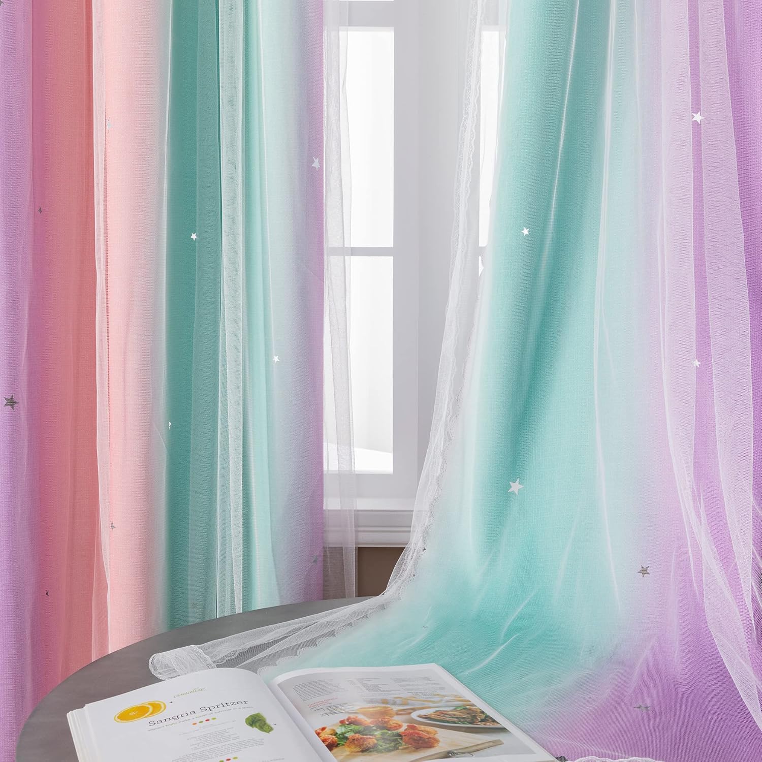 Curtains for Girls Bedroom Decor, Rainbow Blackout Curtains for Kids/Little Girl Room Decor, Unicorn Wall Decals,Pink Purple Green,63 x 34 inches,1 Panel