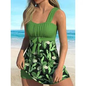 Women's Plant Square Neck Tankini Swimsuit Set