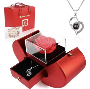 Preserved Real Rose with Necklace Gift Box Set, Eternal Rose Flowers Gifts for Anniversary Birthday Mother's Day, Jewelry Set for Women Mom Girfriend Wife Grandma Artificial Rose Bouquet with Love Necklace
