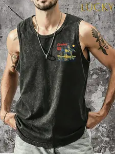 Retro wild Western-style tank top featuring a riding scene graphic; classic Western desert element symbol tank top. A must-have for American Western cowboy rodeo enthusiasts.