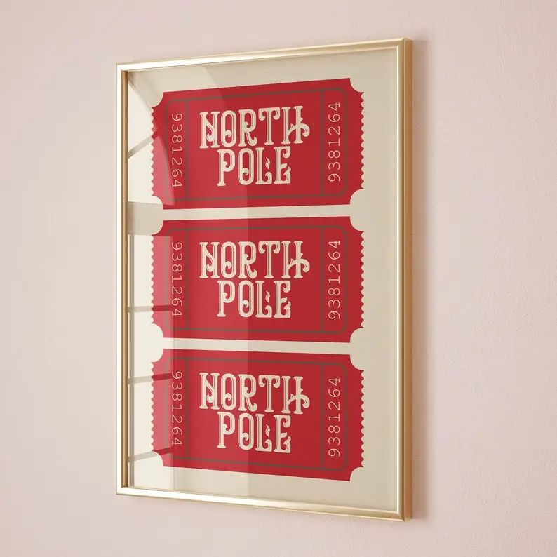 north pole ticket poster, red christmas wall art decor, trendy christmas prints, funky christmas art, holiday decor