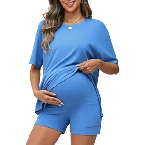 2 Piece Short Sets for Women 2026 Summer Vacation Outfits Casual Maternity Lounge Set with Pockets