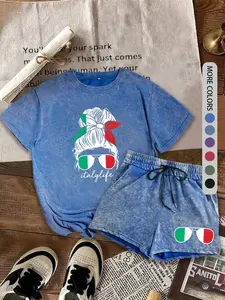 Two-Piece Set Women's Cartoon Girl Print Tee & Shorts Set, Casual Round Neck Short Sleeve T-shirt & Shorts, Ladies Two-piece for Daily Wear, Clothes, Tops Shorts Set