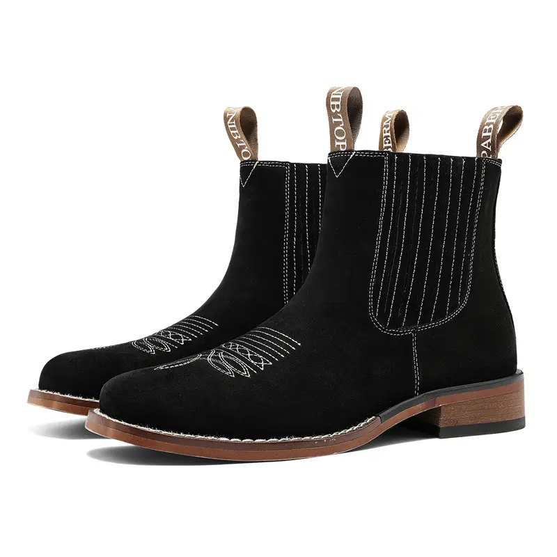 Men's Suede Chelsea Boots - Western Embroidered Square Toe Ankle Boots, Hand-Finished Vintage Patina, Combo Sole, Stacked Heel, Dual Pull Tabs - Classic Black Dress Casual Footwear