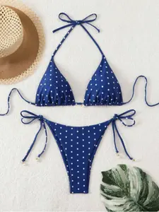 2026 New Cross-Border Sexy Girl Print Pendant Spaghetti Strap Bikini Set, Triangle Cup Swimsuit for Women, Garden Style Swimwear, Triangle Bathing Suit