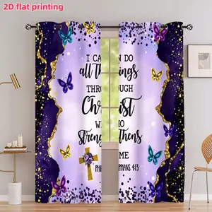 2D Flat 2Pcs Religious Bible Verse Purple Butterfly Print Curtains, Inspirational Christ Strengthens Me Quote, Golden Cross Decor Grommet Drapes for Living Room Bedroom Study, Window Treatment, Anti Privacy