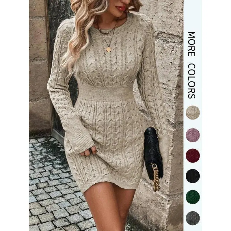 Women's Plain Round Neck Cable Knit Bodycon Sweater Dress, Lady Elegant Fashion Casual Long Sleeve Jumper Dress for Daily Outdoor Wear, Women Knitwear for Fall & Winter Can be used with a raincoat