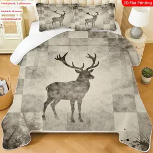 3pcs, 2D flat print Vintage Rustic Forest Deer Checkered Quilted Bedspread Set multiple sizes available, bedding set, festive decorative bedding, ideal for bedroom décor(1 bedspread , 2 pillowcase)