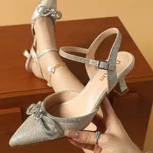 Wide Width Kitten Heels for Women – Rhinestone Bow Pointed Closed Toe Pumps with Ankle Strap for Wedding, Bridal & Party Dress Shoes Fashionable Heeled Sandals Dressy Summer Sandals
