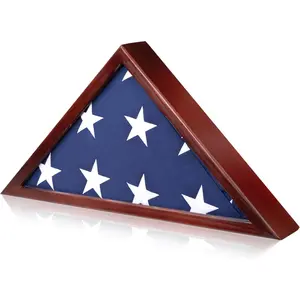 Flag Display Case for 5x9.5 ft  Veteran Burial Flag, Mahogany Wooden Frame Case Set, Triangle Solid Shadow Box with Wall Mount  Front