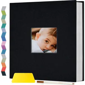 Popotop Photo Album Self Adhesive with Picture Display Window,40 Pages DIY Scrapbooking Supplies Kit for 4x6 8x10 Picture,Linen Cover Memory Book for Baby Wedding, with Scraper and Metallic Pen