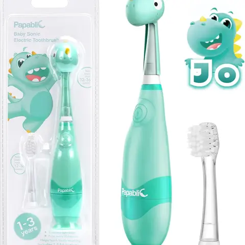 Papablic Toddler Sonic Electric Toothbrush Set (1-3Y), Kids Electric Toothbrush with LED Light, Smart Timer, Dino Cover, 2 Brush Heads, Gentle Clean, Baby Toothbrush Set, Travel Oral Care Kit, Toddler Gifts, Christmas Gifts, #TikTokShopFallDealsForYou