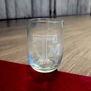 Etched Aggie Stemless Wine Glass Block A&M Design Gig 'em Design Dishwasher Safe 12 oz Glass for Texas A&M University