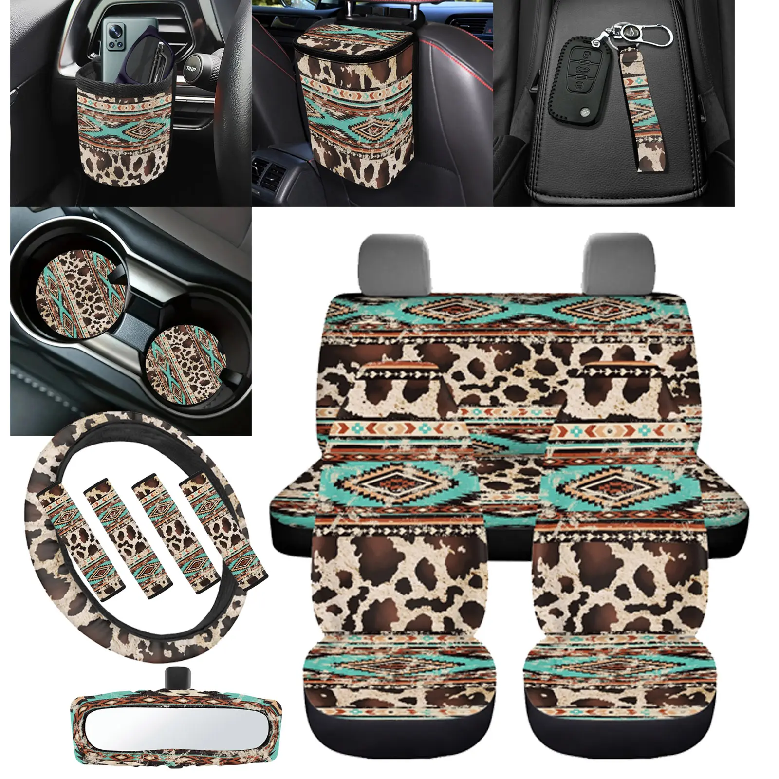 Car Seat Cover Set Full Set, 15pcs Steering Wheel Cover Seatbelt Pads Keychain Coasters Garbage Bag Mirror Decor,  Car Interior Accessories for Girls Vehicle Decor Memorial Day Gift