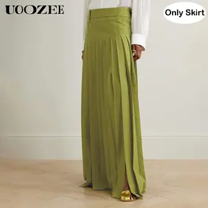 UOOZEE Women's 2025 (Only Skirt) New Elegant Retro Green Pleated Single- Side Pocket Skirt Long Skirts Autumn Fashion Casual Loose High Waisted Thigh Split-Side with Belt Elegant Bottoms (Sizing Runs Small - Check Size Guide or Order Larger)