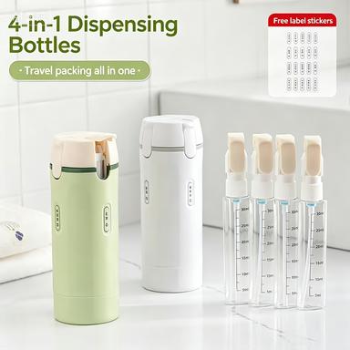 UFORU 4-in-1 travel refillable split bottle set, wash dispenser, necessary for skin care and beauty travel, suitable for shampoo, lotion, skin care products