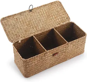 Seagrass Storage Basket with Lid Rectangular Small Woven Shelf Baskets with Sections for Organize Snack Toys Tampon