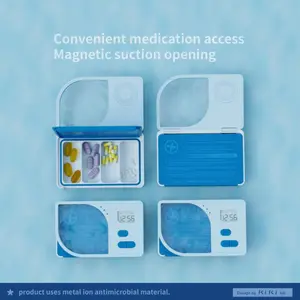 Smart Pill Box with 4 Alarms, 8x Magnifier, Moisture-Proof & Antibacterial, Portable Medicine Organizer for Elderly, Daily Pill Reminder with Magnetic Lid