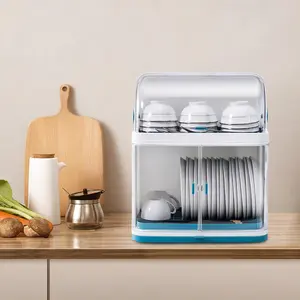 Plastic Dish Drying Rack, 2 Tier Bowl Rack, Cutlery Drainer with Removable Drip Tray, Baby Bottle Drying Rack with Cover, Durable PP + ABS, White and Blue