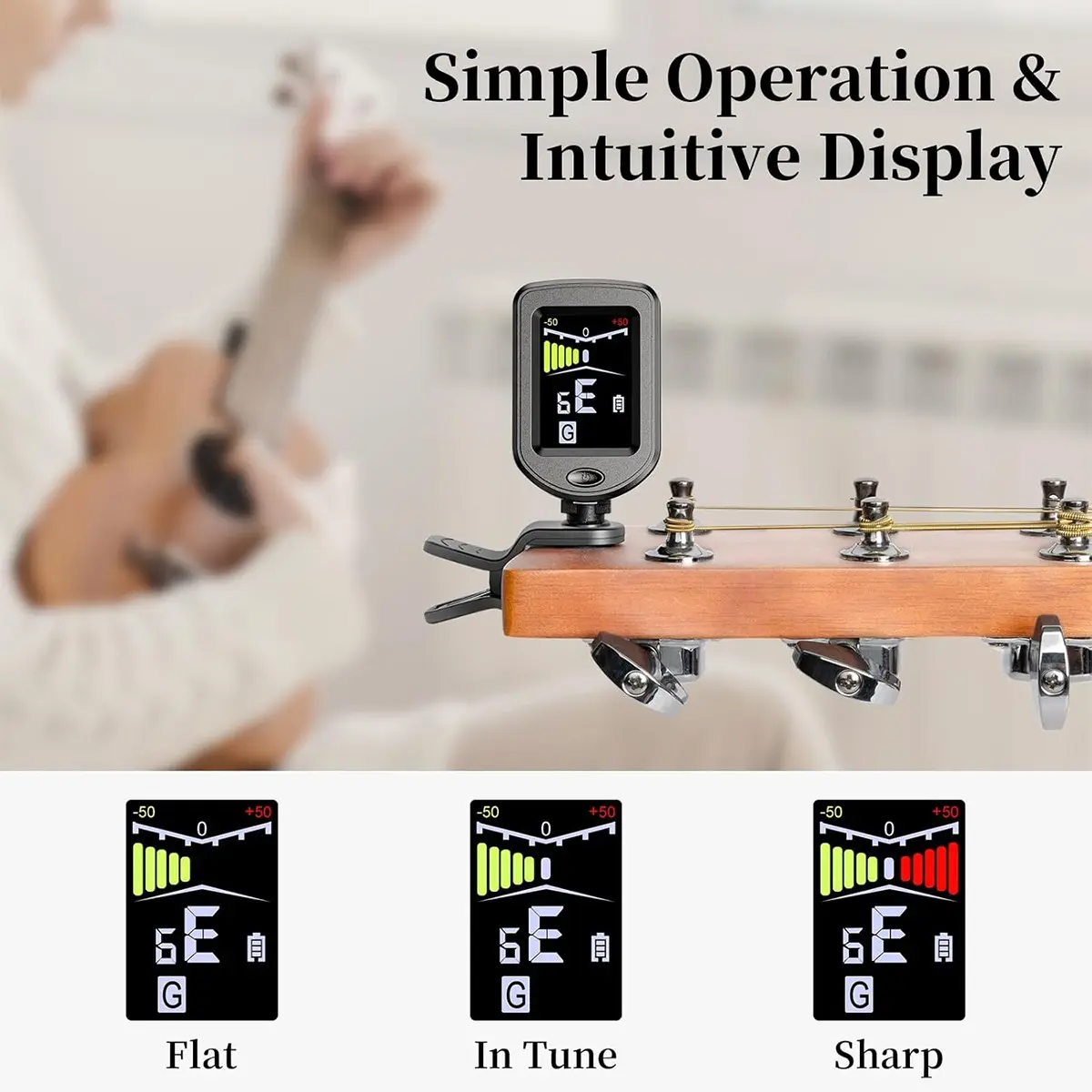 New Bee Clip-On Guitar Tuner Rechargeable with Color Screen, 360° Rotatable Multi-Color Tuner for Guitar, Bass, Ukulele, Violin (, 1 Piece)