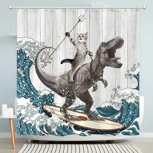 Surfing Dinosaur Ocean Shower Curtain, Fun Cat Bathroom Set, Wave Bath Curtain with 12 Hooks, Cute Animal Design, Decorative & Functional, Funny Shower Curtains For Bathroom