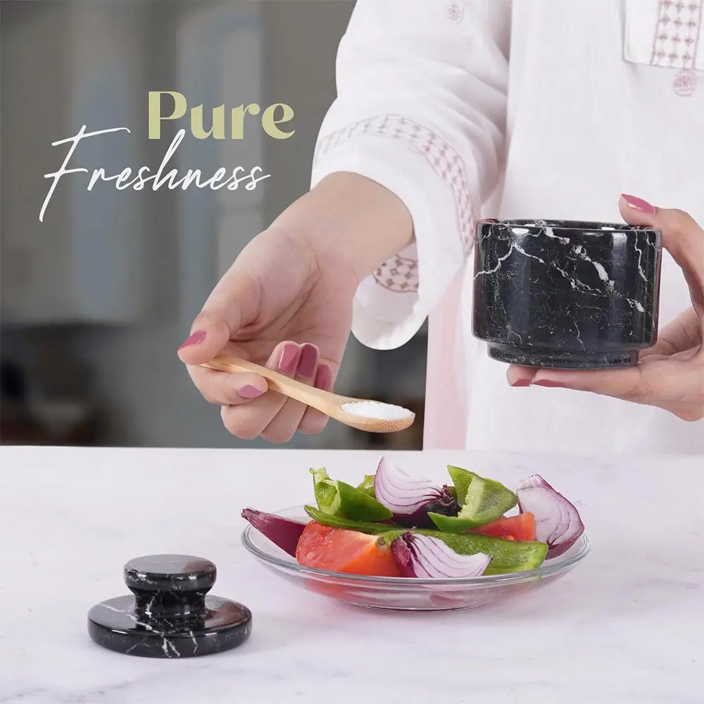 Elborse Marble Salt Cellar with Lid 3" Stone Salt, Sugar, Seasoning Containers for Kitchen Countertop, Modern Salt Dish, Spice Jar, Salt Keeper Seasoning Spice Set Utensils Tin