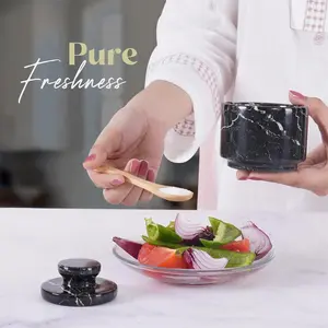 Elborse Marble Salt Cellar with Lid 3" Stone Salt, Sugar, Seasoning Containers for Kitchen Countertop, Modern Salt Dish, Spice Jar, Salt Keeper Seasoning Spice Set Utensils Tin