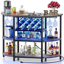 Bar Table Cabinet with Power Outlet, LED Home Mini Bar Cabinet for ...