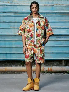 Men's Streetwear Casual Set, Vintage Inspired Multi-Color Vine Tropical Floral Jacquard, Short Sleeve Shirt & Shorts Two-Piece Set, Best Gift for Husband/brother