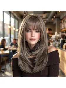 20-inch gray-brown long straight wig, a must-have for music festivals, daily commutes, and dates! Classic bangs paired with natural long hair create versatile looks, easily adaptable to various occasions from high-energy music festivals to everyday commut