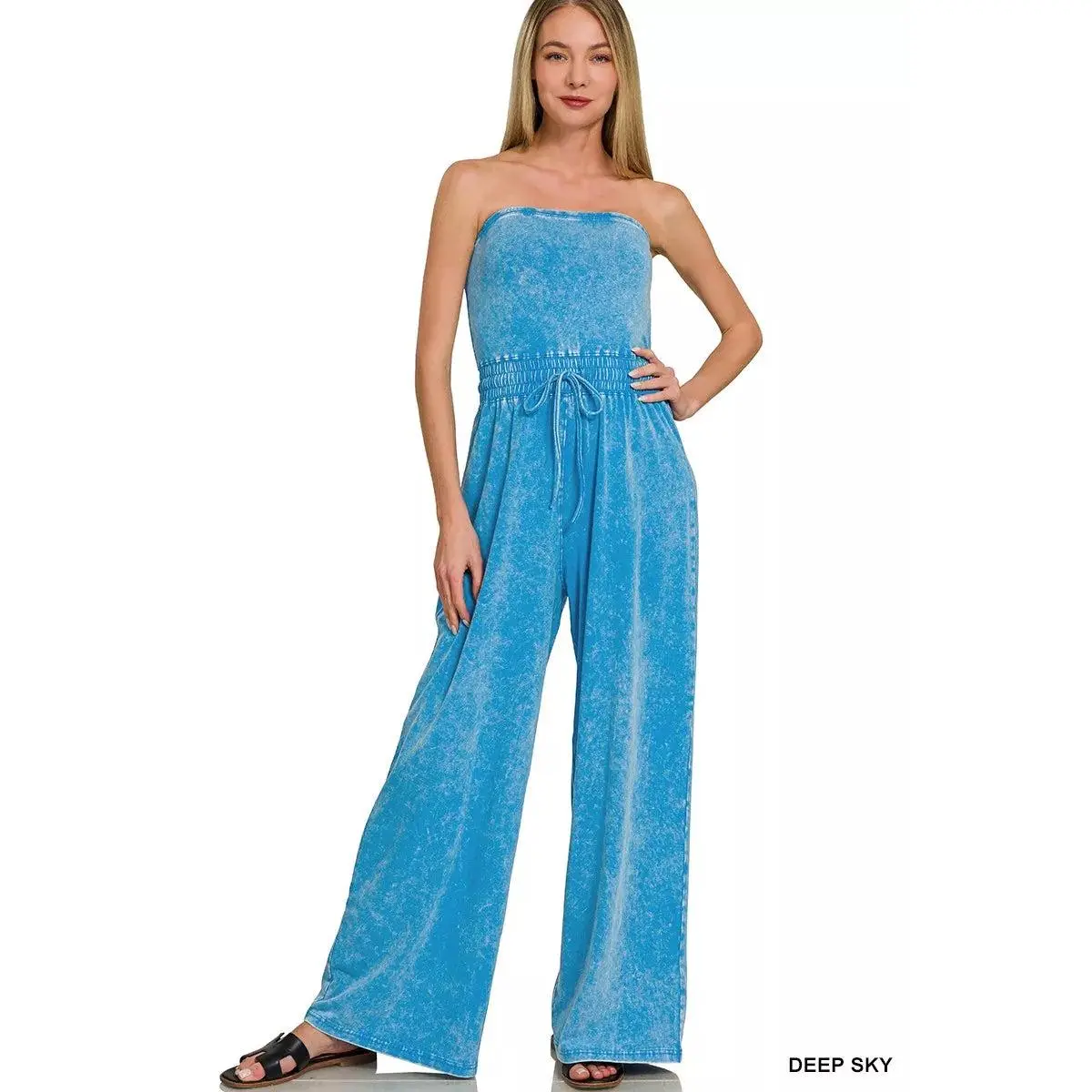Zenana Acid Washed Strapless Tube Top Jumpsuit