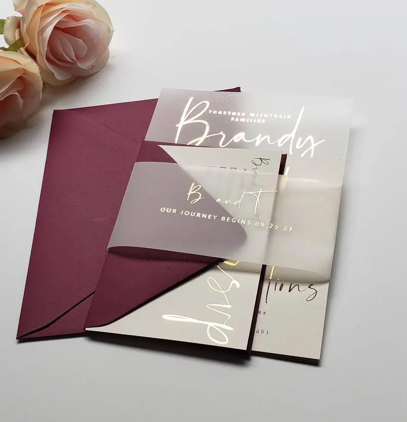 ::SAMPLE:: Foil and Vellum invitation set with envelopes; rsvp and additional card