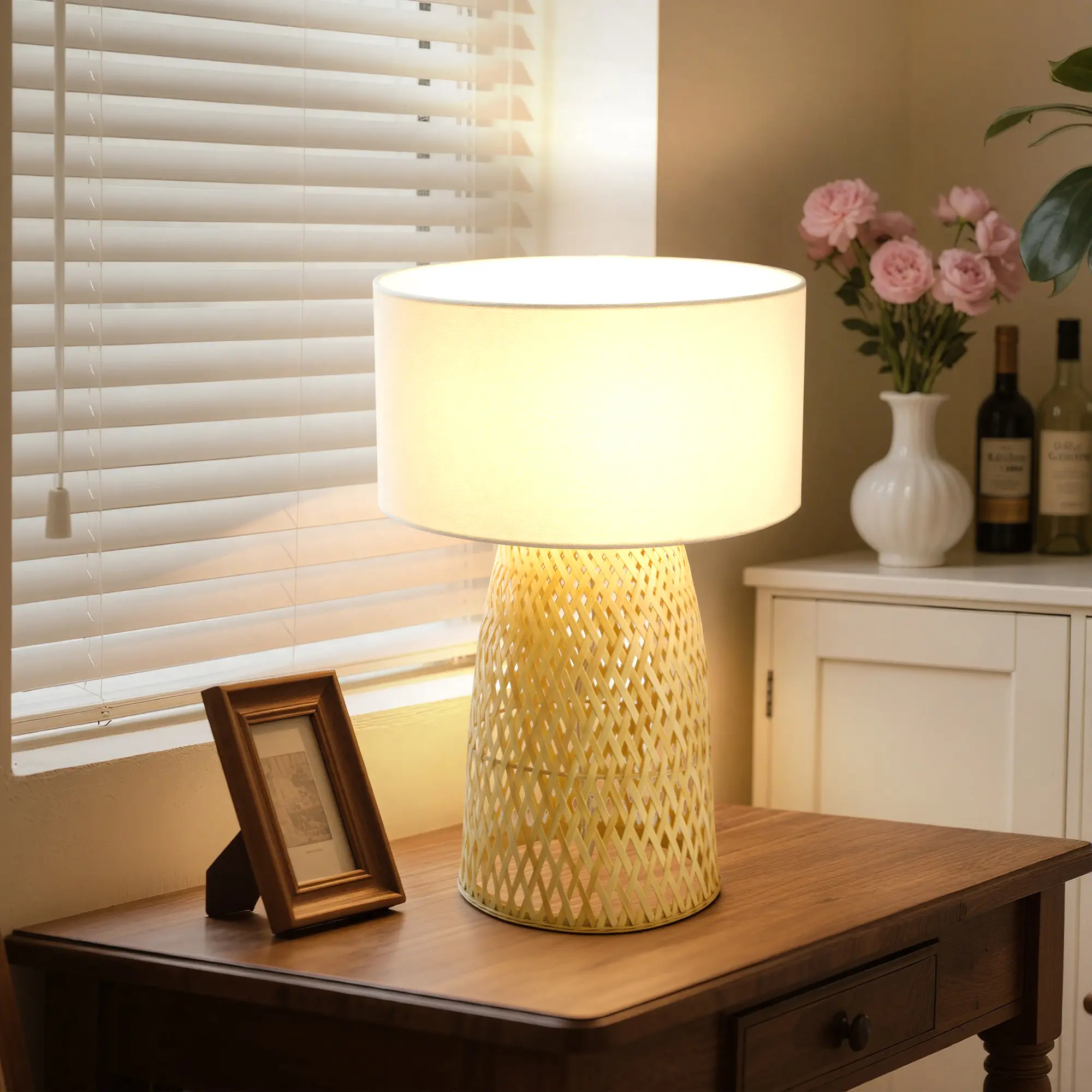 Booniture Bohemian Bamboo Lamp - Narrowing Cylinder Base, Rustic Eco-Friendly, 5.25ft Cord, Soft Linen Shade, Table Lamp, Free E26 Bulb, Lights, Desk Lamp, WeeklyDeals backtoschoolshopping