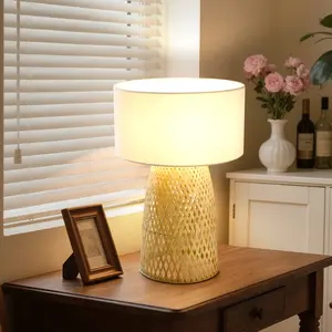 Booniture Bohemian Bamboo Lamp - Narrowing Cylinder Base, Rustic Eco-Friendly, 5.25ft Cord, Soft Linen Shade, Table Lamp, Free E26 Bulb, Lights, Desk Lamp, WeeklyDeals