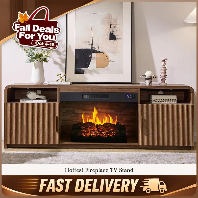 AMERLIFE 70" Fluted Wood Grain Sturdy TV Stand Living Room - 30" Electric Fireplace TV Stand, Fluted Doors, 2 Cabinets, 2 Cubbies, Holds Up to 80" TVs/150 lbs, Room Decor Home Goods #TikTokShopFallDealsForYou